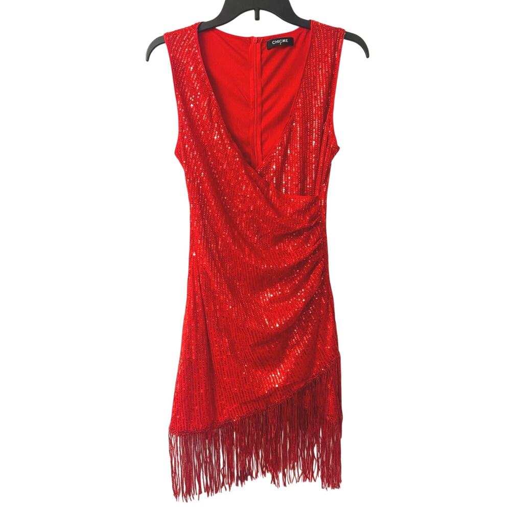 Chicme Red Sequin Fringe Gatsby Flapper Cocktail Party Mini Dress Size Small